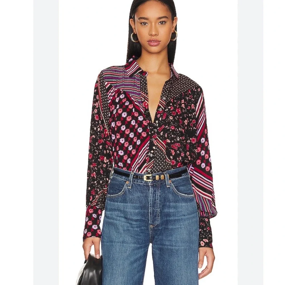 Free People Hazel Buttondown Black Combo Floral Stripe‎ Blouse XS Boho Top